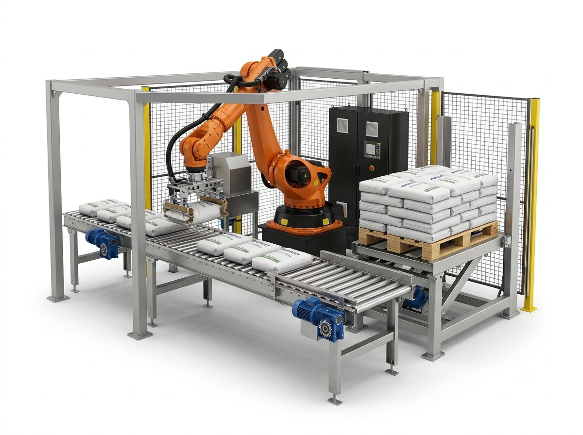 Behpoo robotic palletizing system with safety cage roller conveyor and pallet station